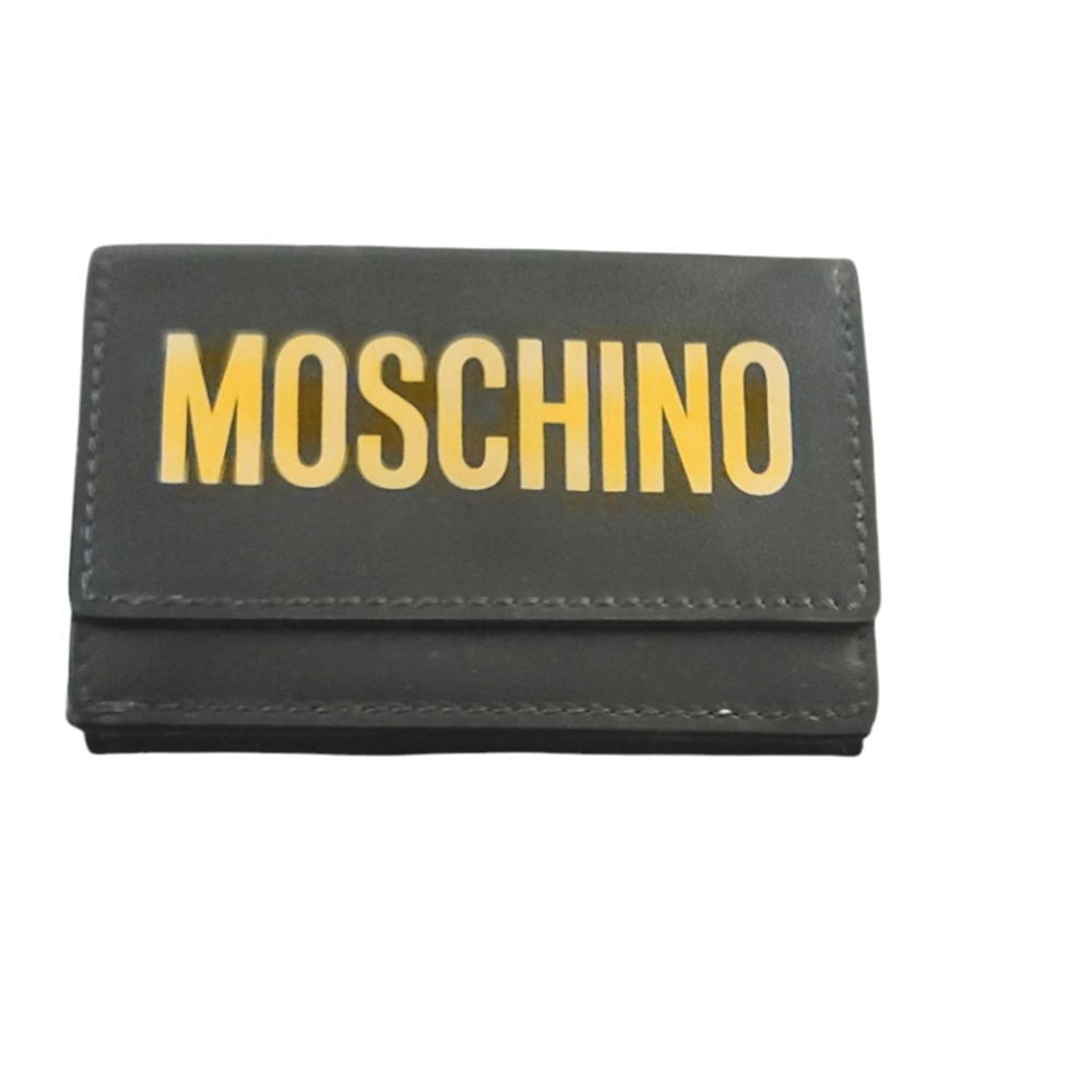 MOSCHINO Logo Leather Card Case, Designer Italian Luxury Black Gold, NWOT